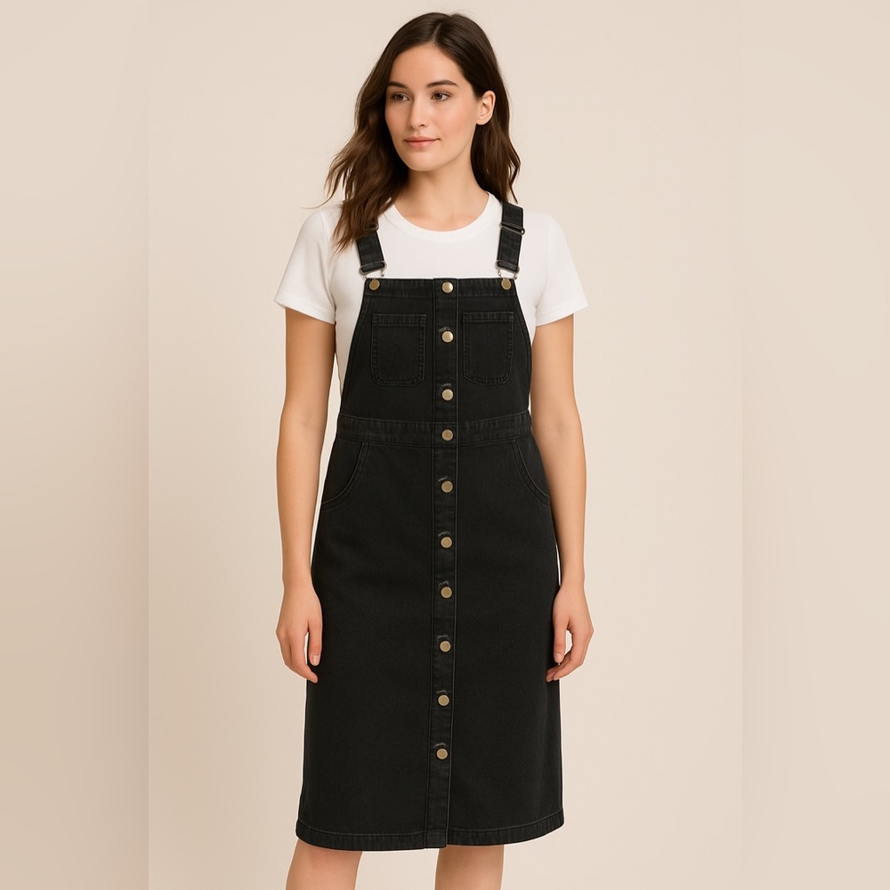 Topshop Black Denim Overalls Sleeveless Midi